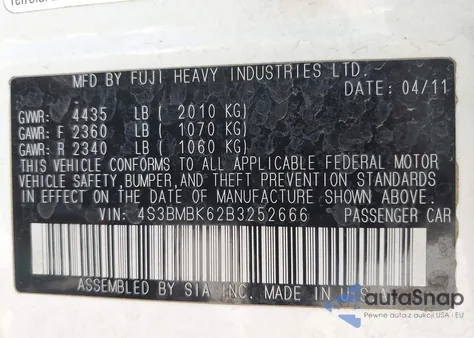 2011 Subaru Legacy 2.5I Limited from USA, damaged, VIN 4S3BMBK62B3252666